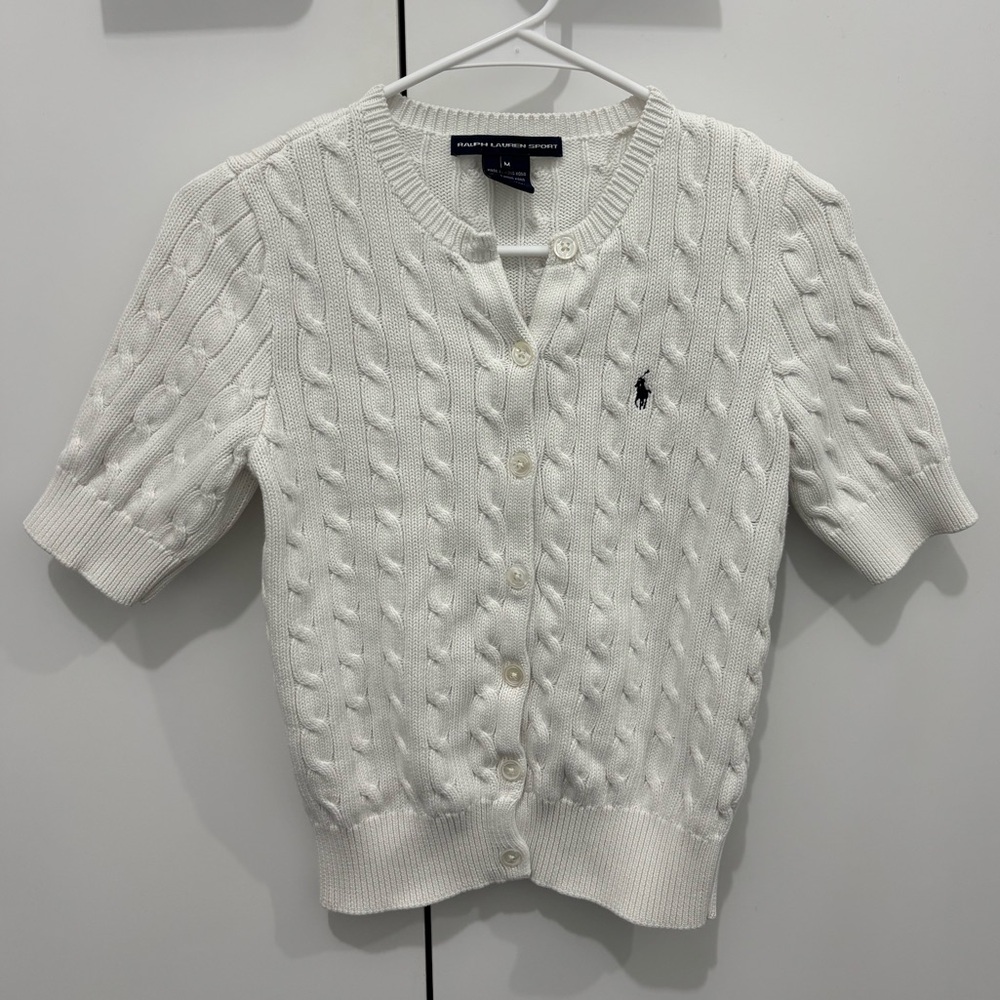 Ralph Lauren Sport Vintage White Cable Knit Short Sleeve Cardigan